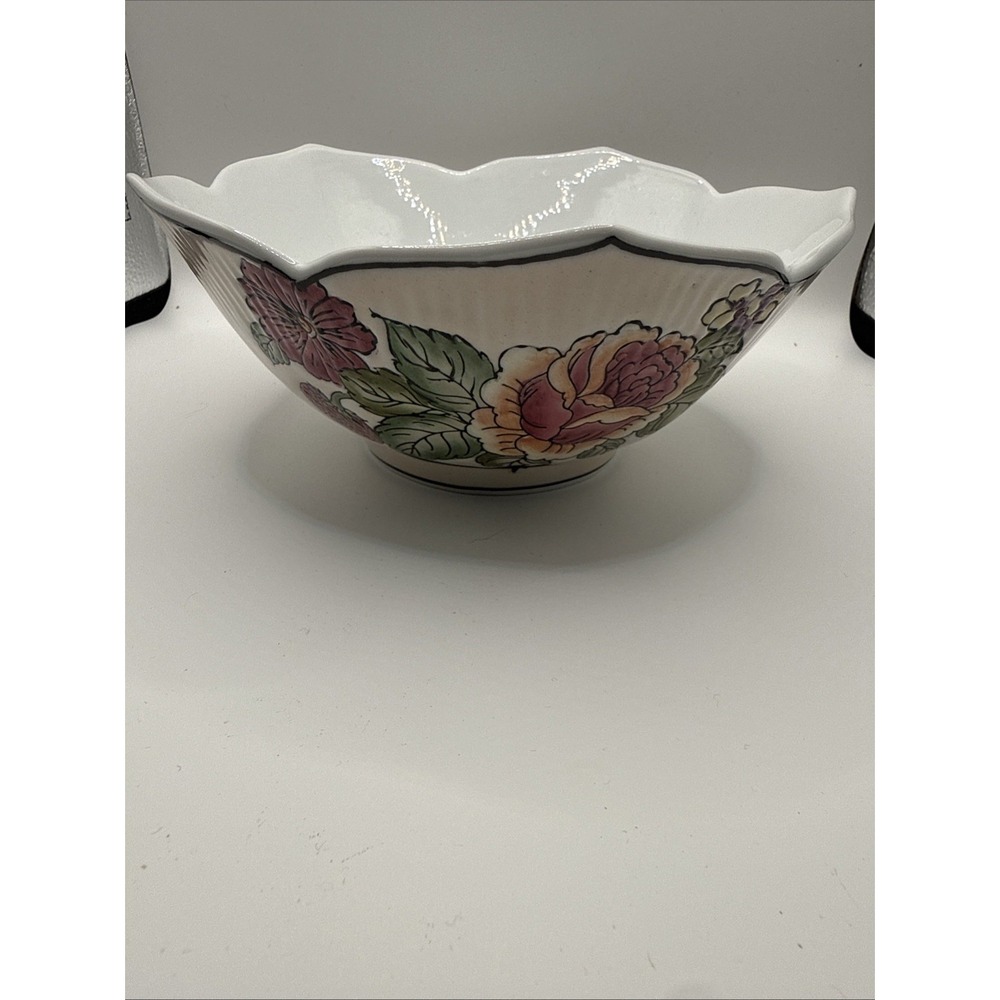 Vintage Porcelain Lotus Bowl Scalloped Rim Floral Rose Decorative Centerpiece 8"
